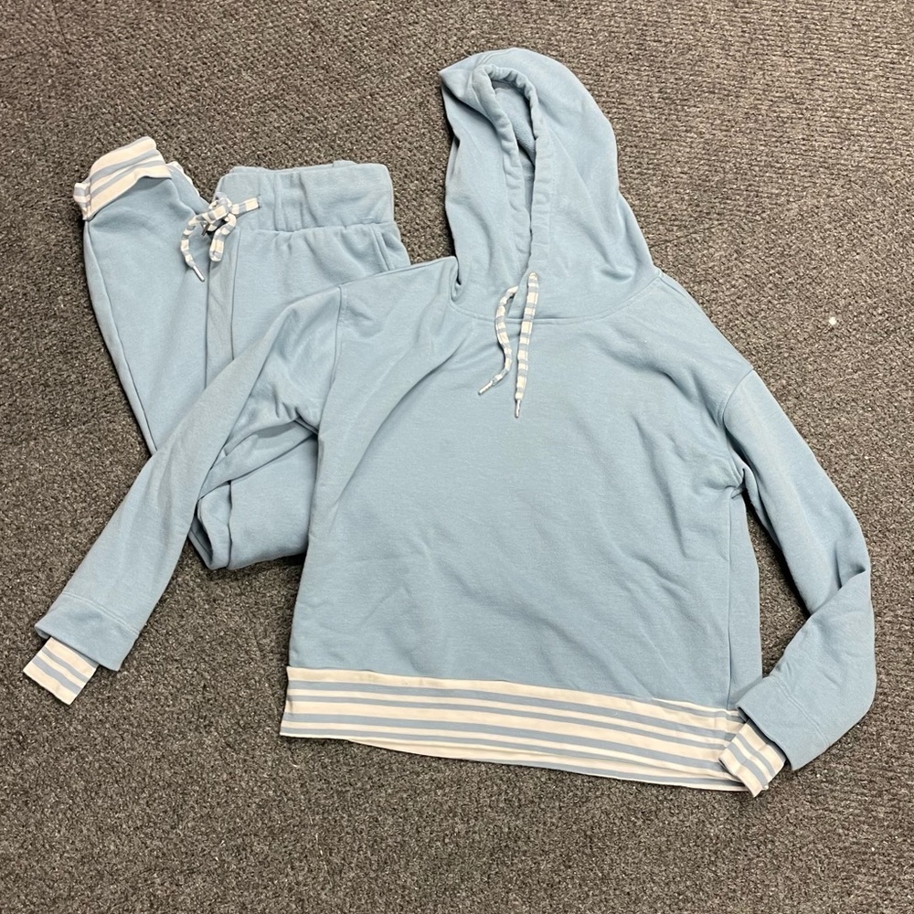 Three Dots women light baby blue sweat suit joggers hoodie size XS casual lounge